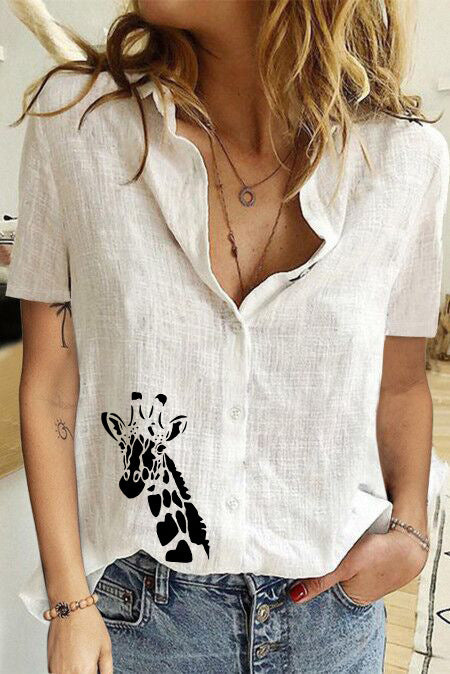 Women's Printed Linen Shirt Short Sleeve