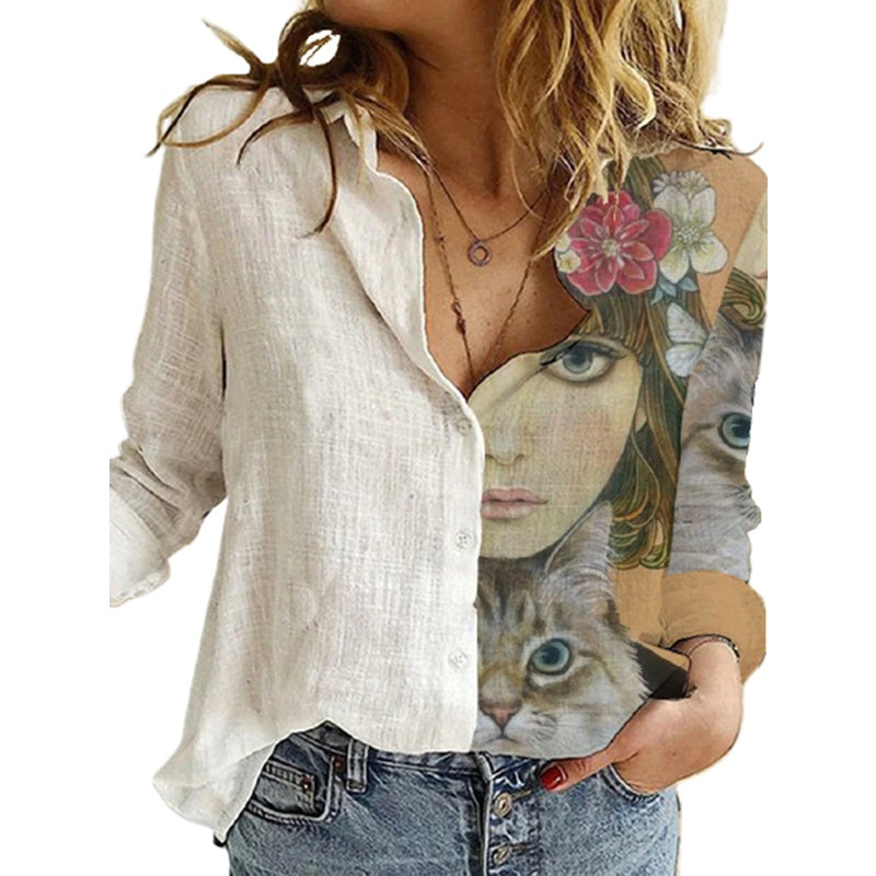 Women's Loose Digital Printed Long Sleeve Shirt