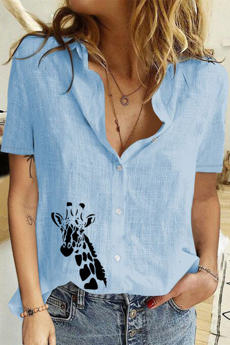 Women's Printed Linen Shirt Short Sleeve