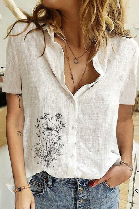 Women's Printed Linen Shirt Short Sleeve