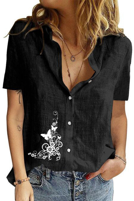 Women's Printed Linen Shirt Short Sleeve