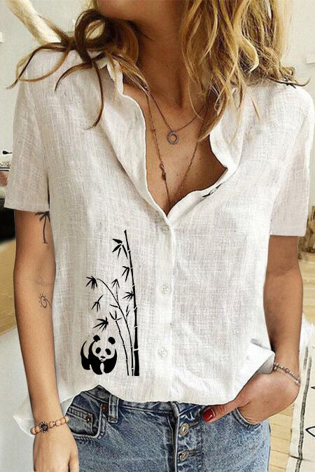 Women's Printed Linen Shirt Short Sleeve