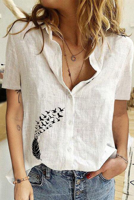 Women's Printed Linen Shirt Short Sleeve