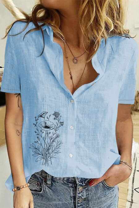 Women's Printed Linen Shirt Short Sleeve