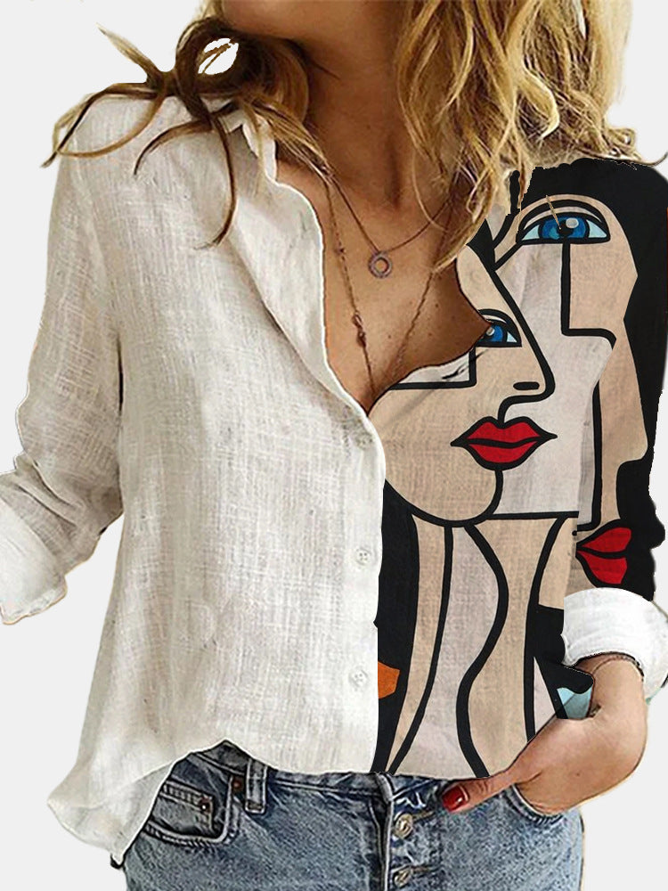Women's Loose Digital Printed Long Sleeve Shirt