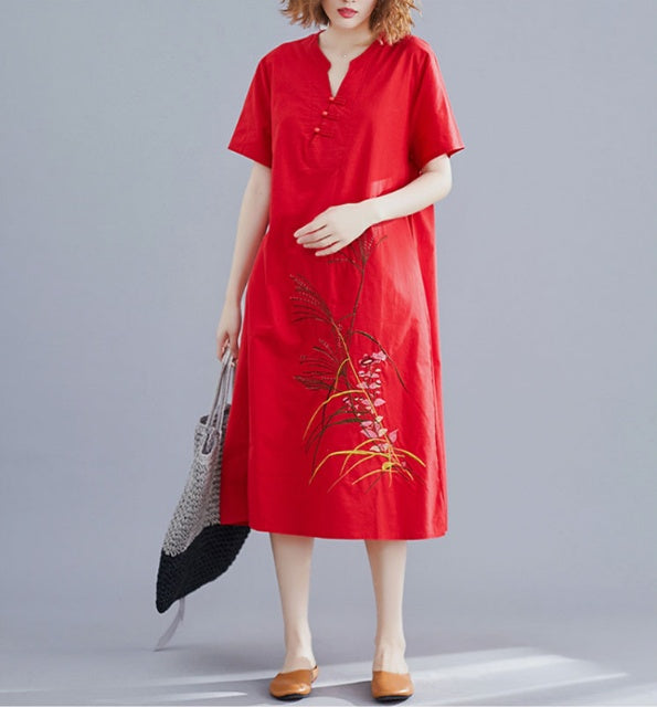 Ethnic Style Cotton, Linen Cotton Dress, Spring And Summer New Style Mid-Length Linen Embroidery Literary Large Size Female Skirt