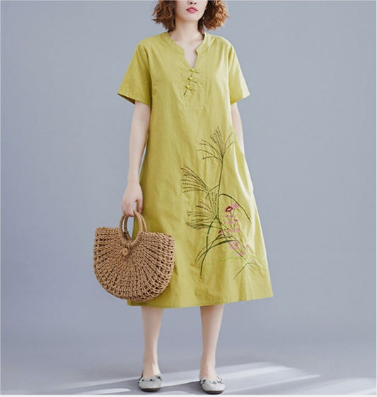 Ethnic Style Cotton, Linen Cotton Dress, Spring And Summer New Style Mid-Length Linen Embroidery Literary Large Size Female Skirt