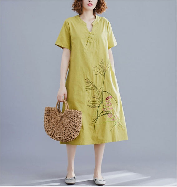 Ethnic Style Cotton, Linen Cotton Dress, Spring And Summer New Style Mid-Length Linen Embroidery Literary Large Size Female Skirt
