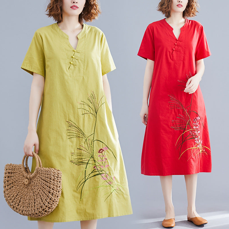 Ethnic Style Cotton, Linen Cotton Dress, Spring And Summer New Style Mid-Length Linen Embroidery Literary Large Size Female Skirt