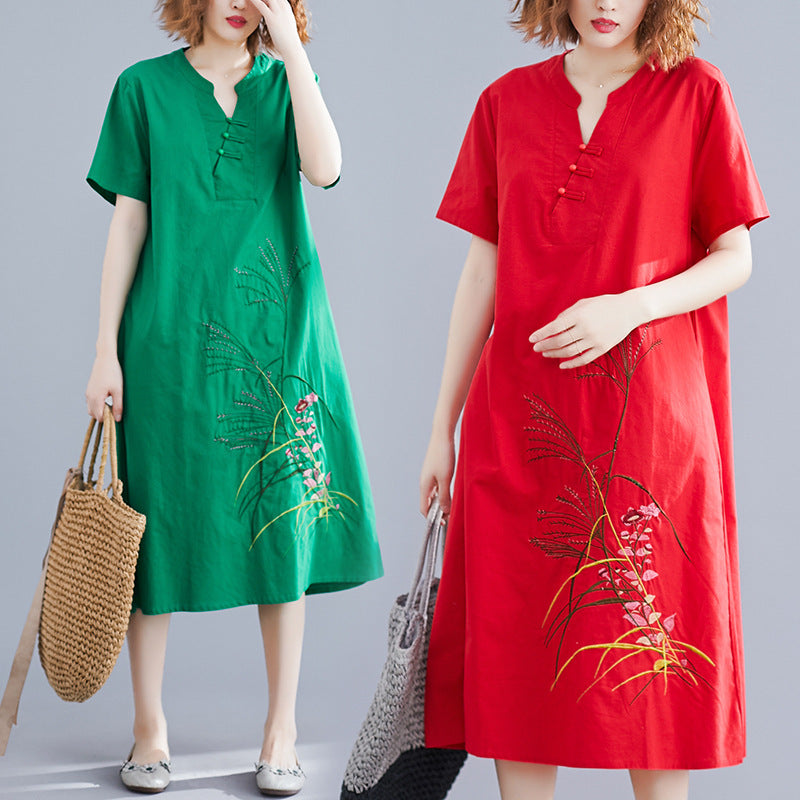Ethnic Style Cotton, Linen Cotton Dress, Spring And Summer New Style Mid-Length Linen Embroidery Literary Large Size Female Skirt