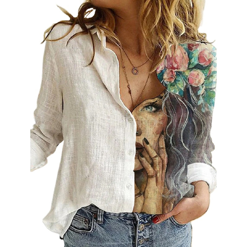 Women's Loose Digital Printed Long Sleeve Shirt