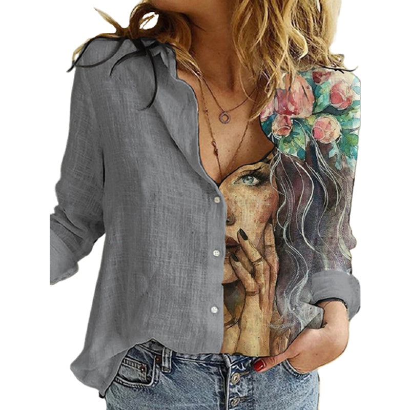 Women's Loose Digital Printed Long Sleeve Shirt