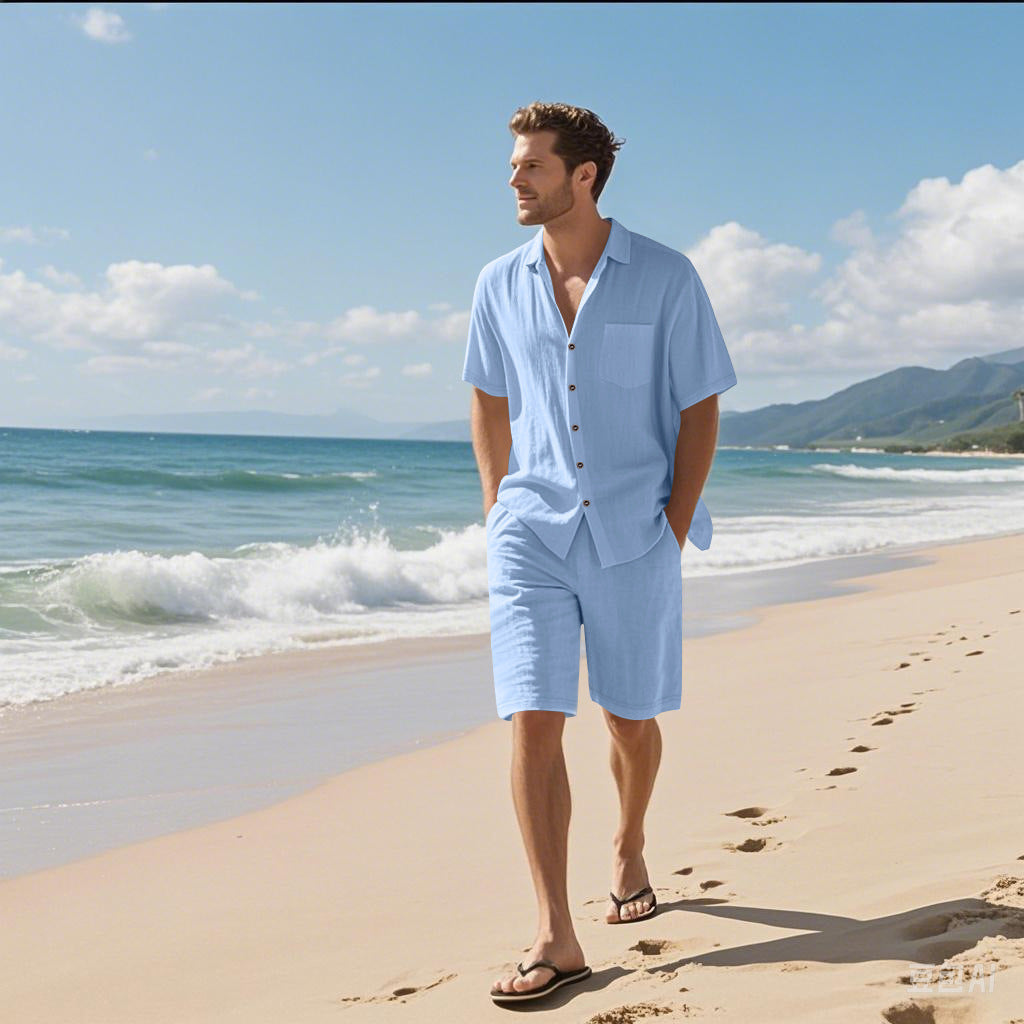 Linen Leisure Breathable Short Sleeve Shirt Beach Suit