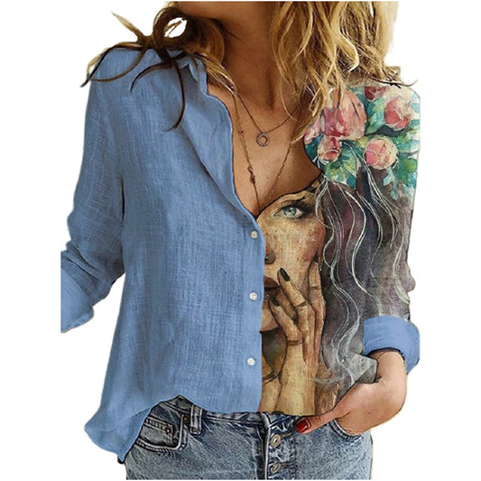 Women's Loose Digital Printed Long Sleeve Shirt