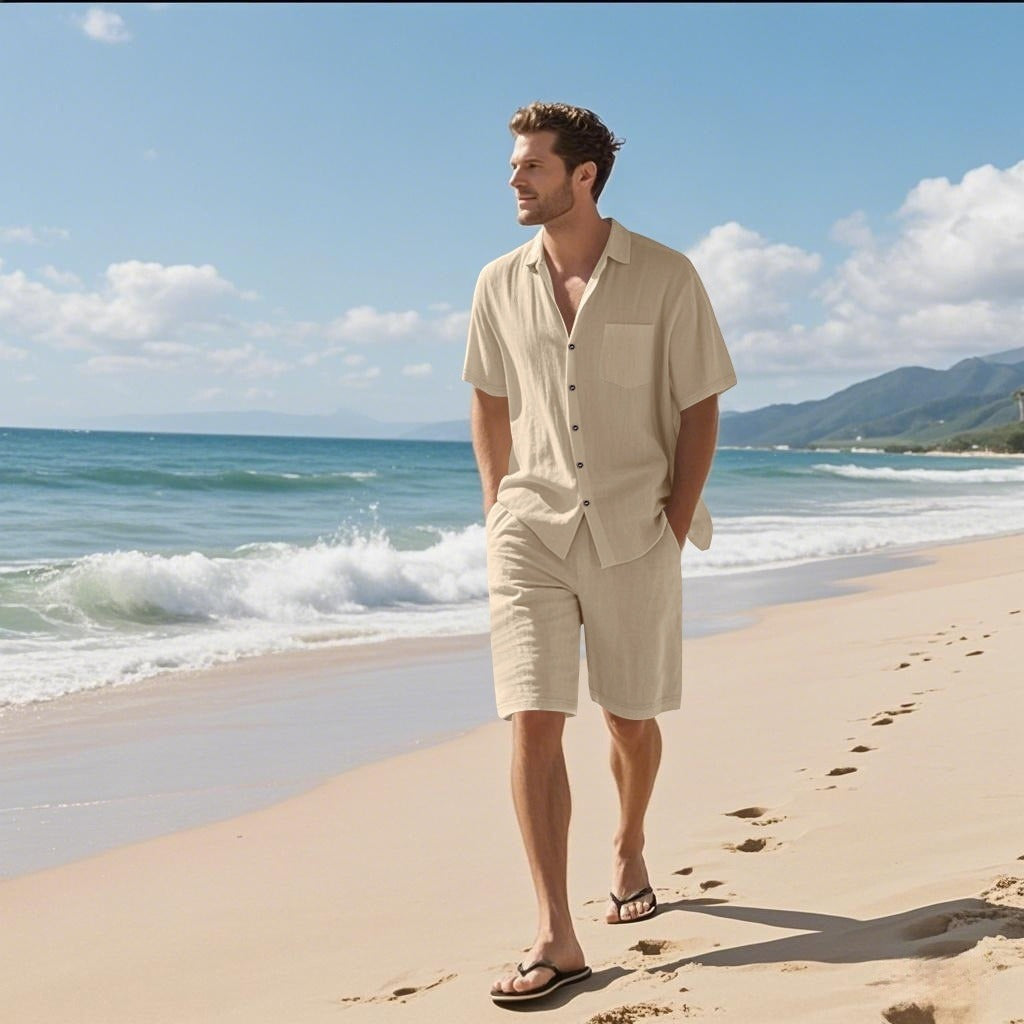 Linen Leisure Breathable Short Sleeve Shirt Beach Suit