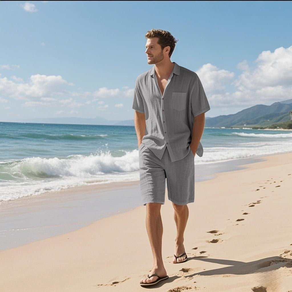 Linen Leisure Breathable Short Sleeve Shirt Beach Suit