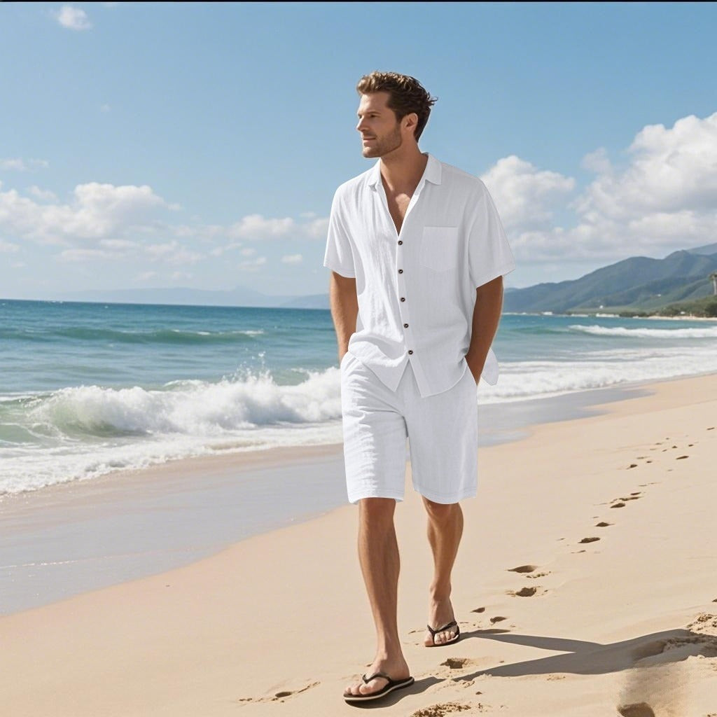 Linen Leisure Breathable Short Sleeve Shirt Beach Suit