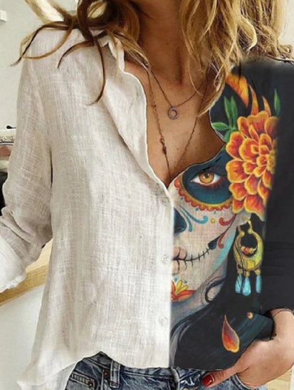 Women's Loose Digital Printed Long Sleeve Shirt