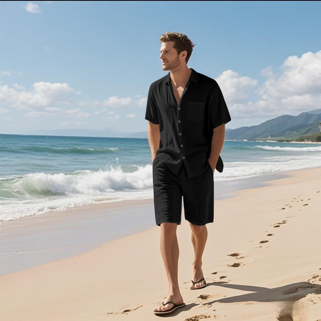 Linen Leisure Breathable Short Sleeve Shirt Beach Suit
