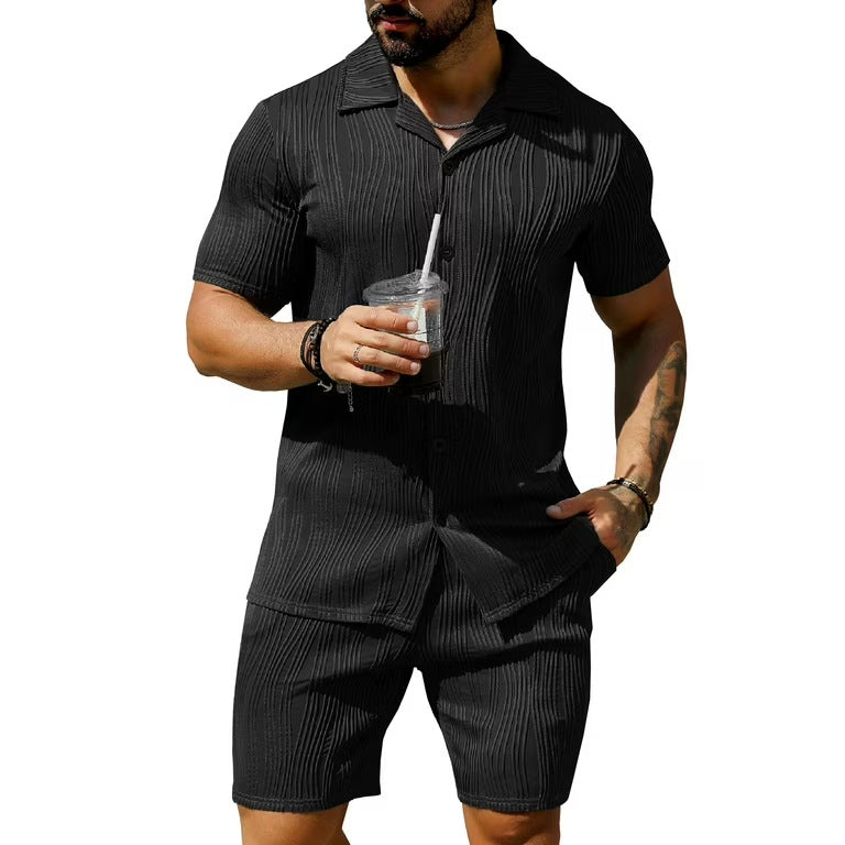 Men's Wave Pattern Casual Breathable Solid Color Short Sleeve Shorts Suit