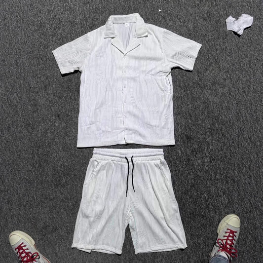 Men's Wave Pattern Casual Breathable Solid Color Short Sleeve Shorts Suit