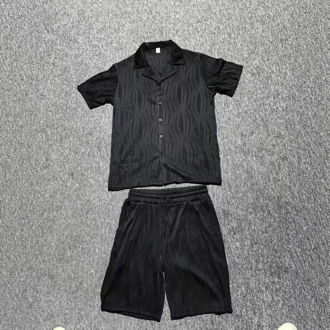 Men's Wave Pattern Casual Breathable Solid Color Short Sleeve Shorts Suit