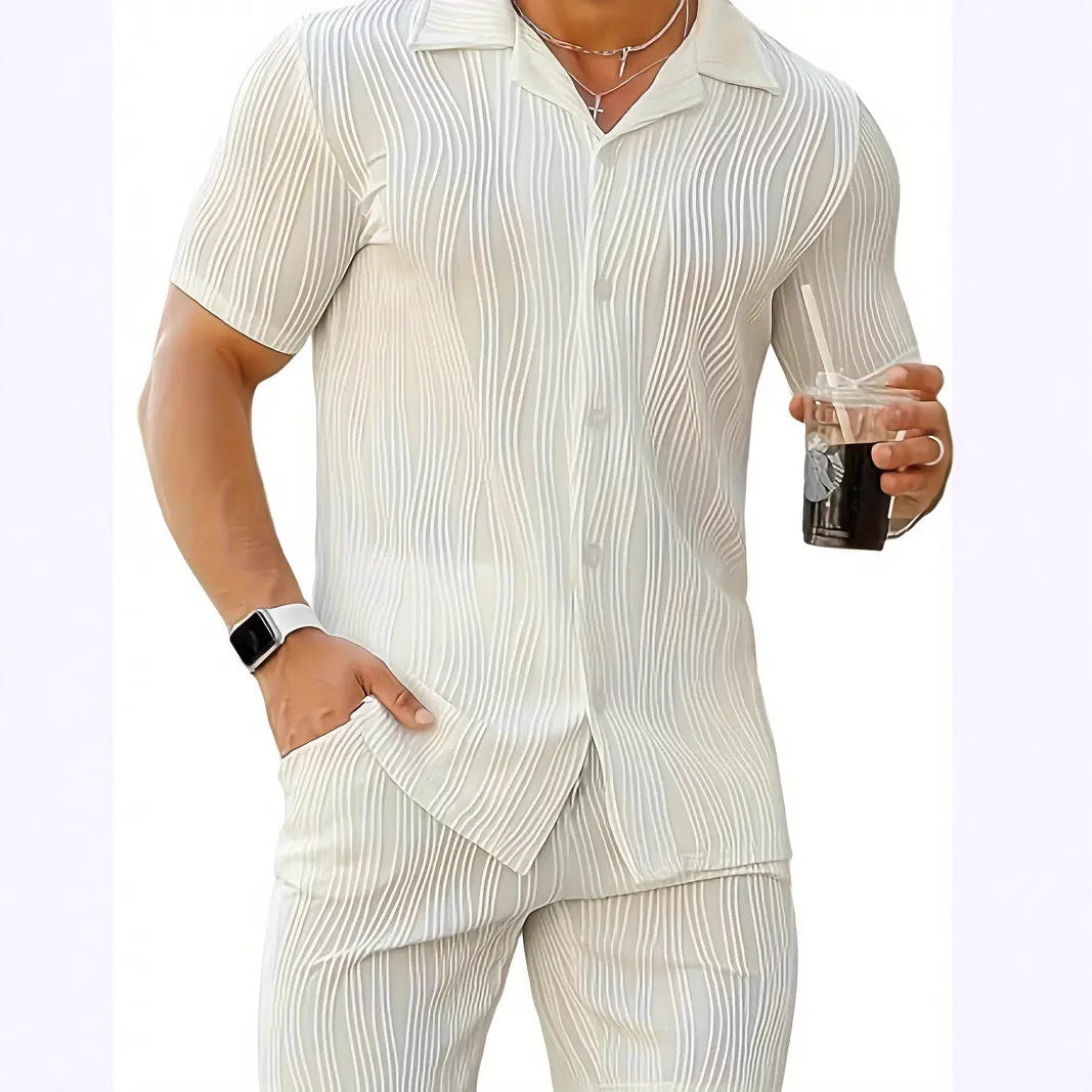 Men's Wave Pattern Casual Breathable Solid Color Short Sleeve Shorts Suit