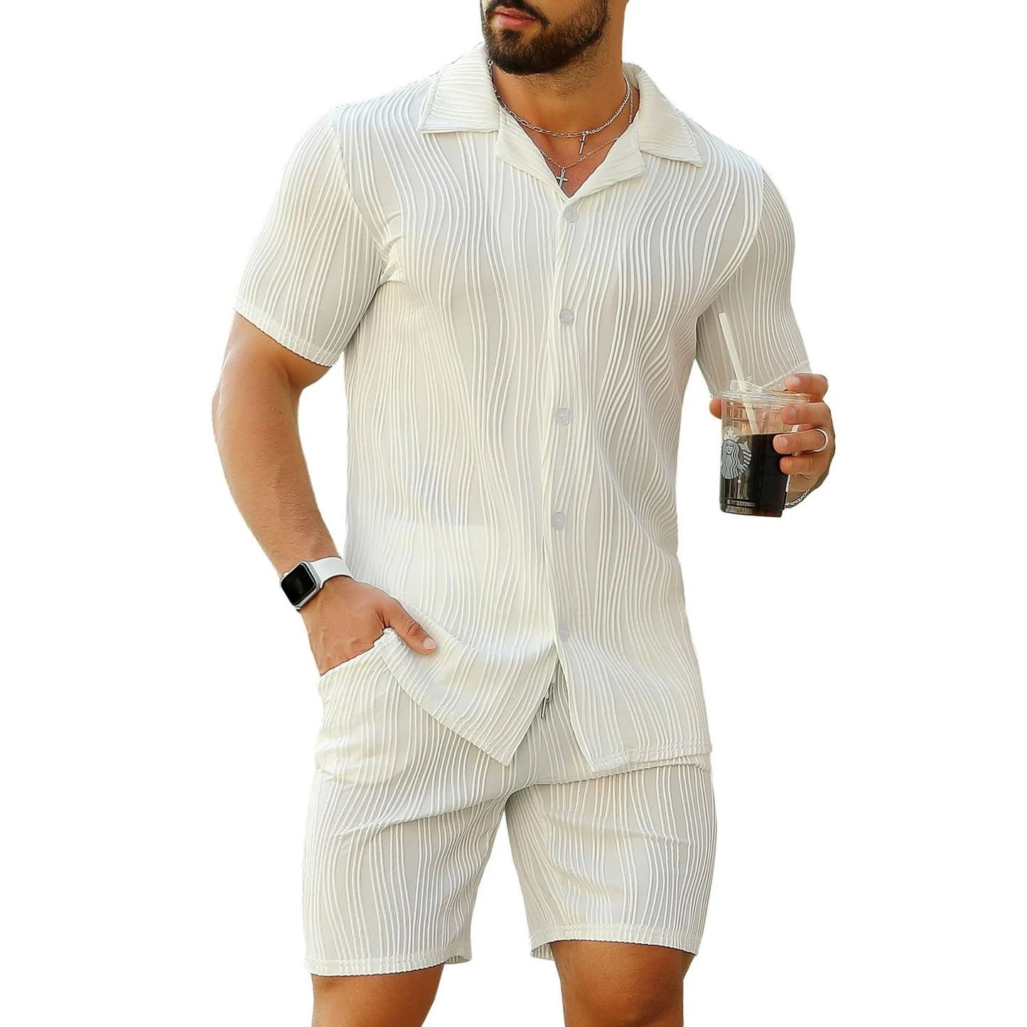 Men's Wave Pattern Casual Breathable Solid Color Short Sleeve Shorts Suit