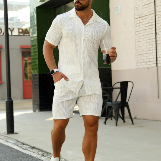 Men's Wave Pattern Casual Breathable Solid Color Short Sleeve Shorts Suit
