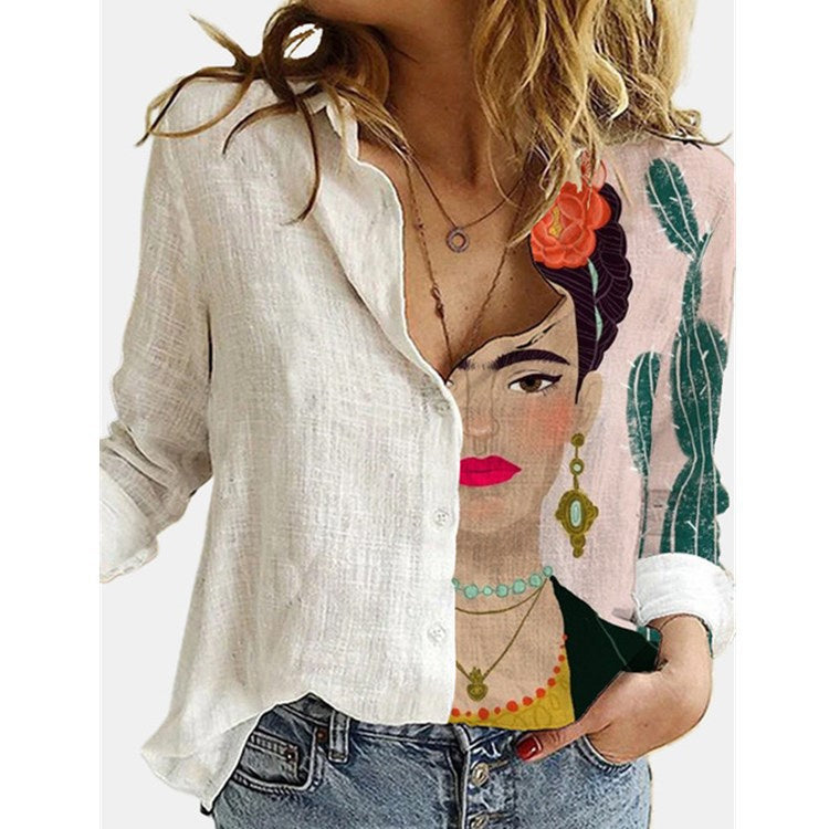 Women's Loose Digital Printed Long Sleeve Shirt
