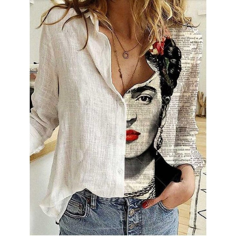 Women's Loose Digital Printed Long Sleeve Shirt