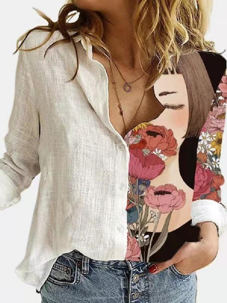 Women's Loose Digital Printed Long Sleeve Shirt