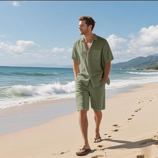 Linen Leisure Breathable Short Sleeve Shirt Beach Suit